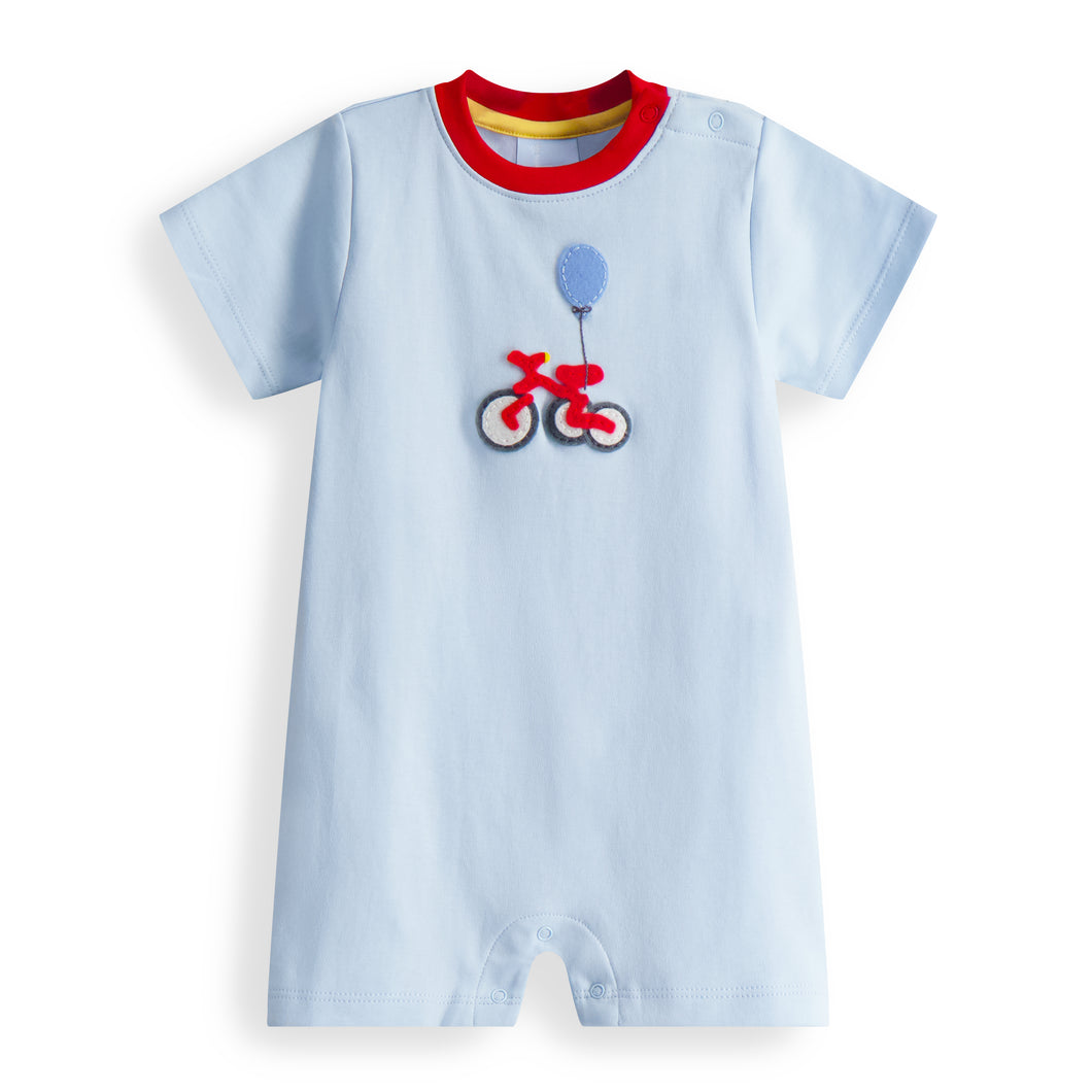 Celebrate your little one's big day with our Infant & Toddler Boy's Birthday Bike Applique Romper! Made with a soft blue background, this romper features an adorable tricycle and balloon applique. Perfect for parties or for any birthday boy, it's a must-have for your child's wardrobe.