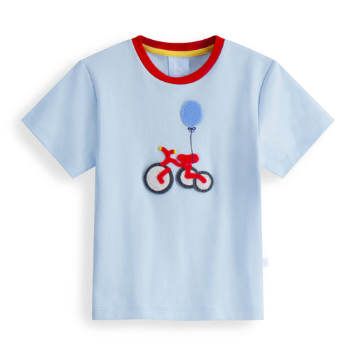 Celebrate your little one's big day with our Boy's Birthday Bike Applique Tee! Made with a soft blue background, this tee features an adorable tricycle and balloon applique. Perfect for parties or for any birthday boy, it's a must-have for your child's wardrobe.