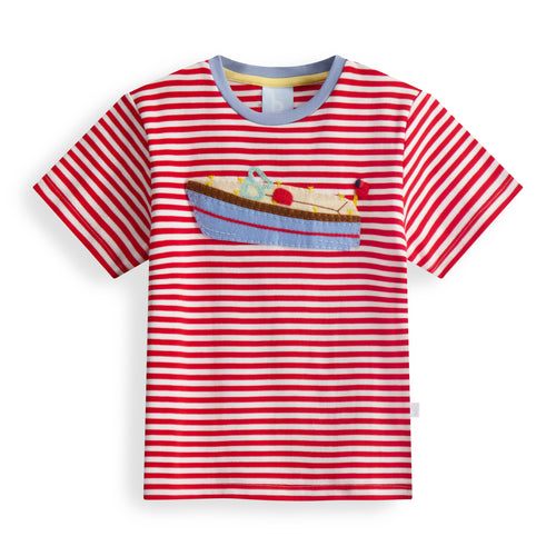 Get ready to set sail with our Boy's Red Stripe Boat Applique Tee! Featuring classic red and white stripes and a charming vintage boat applique, this tee from bella bliss will add a touch of nautical style to your little one's wardrobe. Perfect for any adventure, this tee is as stylish as it is comfortable.