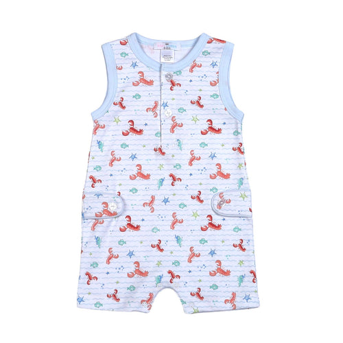 Indulge your little one in the wonders of the sea with our Under the Sea Pima Romper from Baby Loren. Featuring cute lobsters and charming ruffles, this blue and white boys romper is made from 100% Pima cotton for ultimate comfort. A must-have for infant and toddler boys this summer!