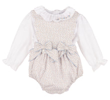 Load image into Gallery viewer, Dress your little one in timeless charm with the Floral Blooms Girl Overall Bubble by Sophie &amp; Lucas. This khaki and blue overall features delicate bow accents that add a sweet touch, paired perfectly with a ruffle-collared shirt detailed with intricate embroidery. Combining classic style and thoughtful design, it ensures both comfort and an adorable look for any occasion.
