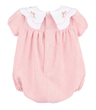 Load image into Gallery viewer, Dress your little one in cozy charm with the Floral Corduroy Scallop Bubble in Pink from Sophie &amp; Lucas. Crafted from soft pink corduroy, this short-sleeve bubble features a delicate scalloped collar adorned with floral embroidery, adding a timeless touch. Perfect for fall, it combines classic style with gentle comfort, making it an irresistible choice for your youngest&#39;s wardrobe.
