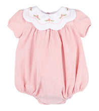 Load image into Gallery viewer, Dress your little one in cozy charm with the Floral Corduroy Scallop Bubble in Pink from Sophie &amp; Lucas. Crafted from soft pink corduroy, this short-sleeve bubble features a delicate scalloped collar adorned with floral embroidery, adding a timeless touch. Perfect for fall, it combines classic style with gentle comfort, making it an irresistible choice for your youngest&#39;s wardrobe.
