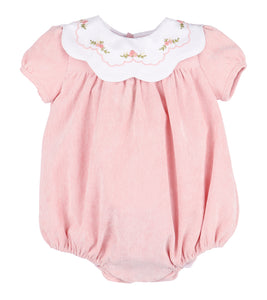 Dress your little one in cozy charm with the Floral Corduroy Scallop Bubble in Pink from Sophie &amp; Lucas. Crafted from soft pink corduroy, this short-sleeve bubble features a delicate scalloped collar adorned with floral embroidery, adding a timeless touch. Perfect for fall, it combines classic style with gentle comfort, making it an irresistible choice for your youngest's wardrobe.
