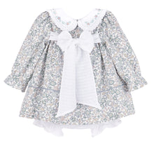 Load image into Gallery viewer, Dress your little one in the charming Bouncy Blooms Float Dress from Sophie &amp; Lucas. This delicate floral dress features an embroidered Peter Pan collar with ruffles, adding a sweet touch to every twirl. The coordinating bloomers provide comfort and ease for infants to toddler girls. Perfect for fall outings, its soft, breathable fabric and enchanting floral print make it a delightful choice for special moments and everyday wear.
