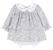 Load image into Gallery viewer, Dress your little one in the charming Bouncy Blooms Float Dress from Sophie &amp; Lucas. This delicate floral dress features an embroidered Peter Pan collar with ruffles, adding a sweet touch to every twirl. The coordinating bloomers provide comfort and ease for infants to toddler girls. Perfect for fall outings, its soft, breathable fabric and enchanting floral print make it a delightful choice for special moments and everyday wear.
