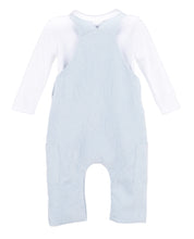 Load image into Gallery viewer, Dress your little one in timeless style with the Classic Boy Corduroy Longall from Sophie &amp; Lucas. This light blue corduroy overall offers both comfort and durability, perfectly paired with a crisp white Peter Pan collar long sleeve tee for an effortlessly charming look. Ideal for everyday wear or special occasions, this outfit ensures your child stays cozy while looking classic.
