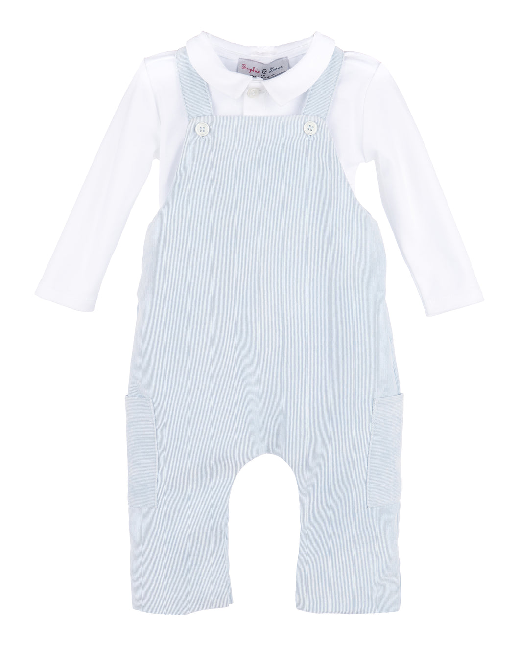 Dress your little one in timeless style with the Classic Boy Corduroy Longall from Sophie & Lucas. This light blue corduroy overall offers both comfort and durability, perfectly paired with a crisp white Peter Pan collar long sleeve tee for an effortlessly charming look. Ideal for everyday wear or special occasions, this outfit ensures your child stays cozy while looking classic.