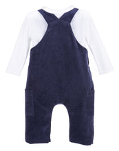 Load image into Gallery viewer, Dress your little one in timeless charm with the Boys Classic Corduroy Longall in Navy by Sophie &amp; Lucas. This cozy corduroy longall pairs effortlessly with a crisp white Peter Pan collar tee, creating a stylish yet comfortable ensemble perfect for family photos or special dinners. Durable and soft, it ensures all-day comfort while keeping him impeccably dressed for every occasion this season.

