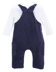 Dress your little one in timeless charm with the Boys Classic Corduroy Longall in Navy by Sophie &amp; Lucas. This cozy corduroy longall pairs effortlessly with a crisp white Peter Pan collar tee, creating a stylish yet comfortable ensemble perfect for family photos or special dinners. Durable and soft, it ensures all-day comfort while keeping him impeccably dressed for every occasion this season.