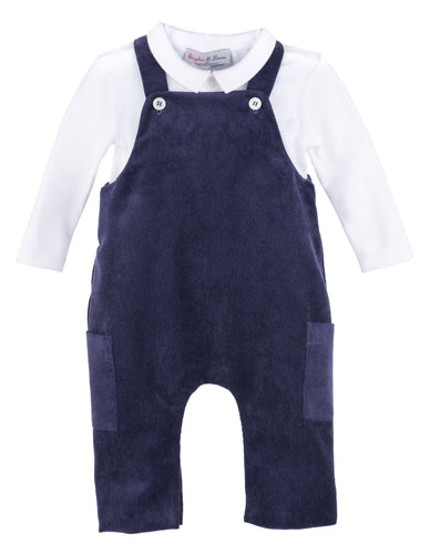 Dress your little one in timeless charm with the Boys Classic Corduroy Longall in Navy by Sophie & Lucas. This cozy corduroy longall pairs effortlessly with a crisp white Peter Pan collar tee, creating a stylish yet comfortable ensemble perfect for family photos or special dinners. Durable and soft, it ensures all-day comfort while keeping him impeccably dressed for every occasion this season.