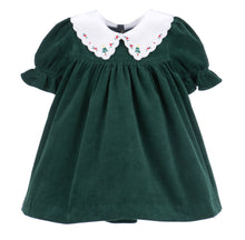 Load image into Gallery viewer, Elevate your little girl&#39;s festive wardrobe with the Girls Holly Jolly Velvet Miller Dress from Sophie &amp; Lucas. Crafted from rich dark green velvet, this dress features a charming white scalloped embroidered collar that adds timeless elegance. Perfect for holiday gatherings, it pairs beautifully with the boys Holly Jolly Bubble for coordinated family photos. Soft, stylish, and comfortable, this dress is sure to make her the center of attention this season.
