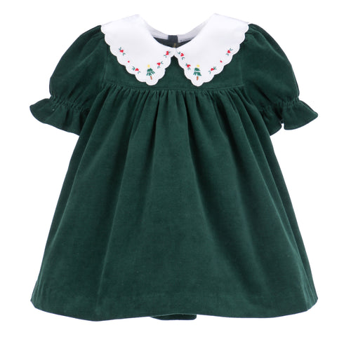 Elevate your little girl's festive wardrobe with the Girls Holly Jolly Velvet Miller Dress from Sophie & Lucas. Crafted from rich dark green velvet, this dress features a charming white scalloped embroidered collar that adds timeless elegance. Perfect for holiday gatherings, it pairs beautifully with the boys Holly Jolly Bubble for coordinated family photos. Soft, stylish, and comfortable, this dress is sure to make her the center of attention this season.