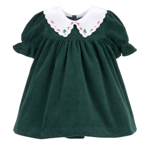 Elevate your little girl's festive wardrobe with the Girls Holly Jolly Velvet Miller Dress from Sophie &amp; Lucas. Crafted from rich dark green velvet, this dress features a charming white scalloped embroidered collar that adds timeless elegance. Perfect for holiday gatherings, it pairs beautifully with the boys Holly Jolly Bubble for coordinated family photos. Soft, stylish, and comfortable, this dress is sure to make her the center of attention this season.