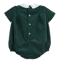 Load image into Gallery viewer, Elevate your little boy&#39;s festive wardrobe with the Boys Holly Jolly Velvet Bubble from Sophie &amp; Lucas. Crafted from rich dark green velvet, this bubble features a charming white peter pan collar that adds timeless elegance. Perfect for holiday gatherings, it pairs beautifully with the Girl&#39;s Holly Jolly Velvet Miller Dress for coordinated family photos. Soft, stylish, and comfortable, this bubble is sure to make him the center of attention this season.
