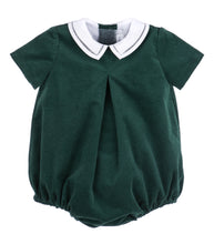 Load image into Gallery viewer, Elevate your little boy&#39;s festive wardrobe with the Boys Holly Jolly Velvet Bubble from Sophie &amp; Lucas. Crafted from rich dark green velvet, this bubble features a charming white peter pan collar that adds timeless elegance. Perfect for holiday gatherings, it pairs beautifully with the Girl&#39;s Holly Jolly Velvet Miller Dress for coordinated family photos. Soft, stylish, and comfortable, this bubble is sure to make him the center of attention this season.
