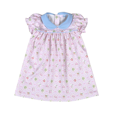 Load image into Gallery viewer, School Time Dress by Baby Loren features the brand's signature pima cotton material, timeless peter pan collar, and charming pastel school-themed print. Perfect for back-to-school season and special occasions, this dress combines comfort with classic style.
