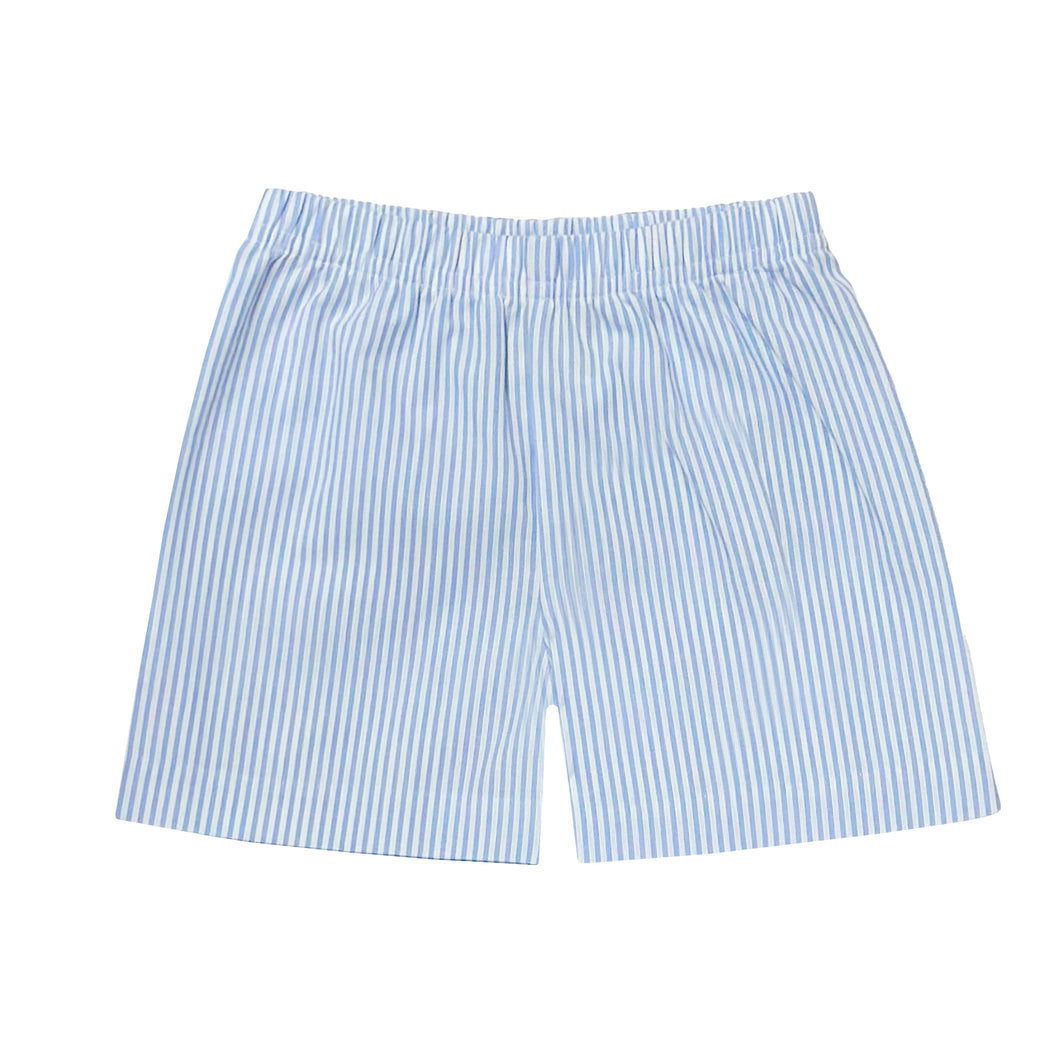 These Boy's Seersucker Stripe Leo Shorts from Zuccini Kids combine classic style with comfort. The soft blue and white seersucker stripes create a timeless summer look that's perfect for any occasion. Lightweight and breathable, these shorts will keep your little one cool during warm weather activities. Complete the outfit by pairing with the Sailboat Smocked Harry Play Tee for an irresistibly charming ensemble your boy will love wearing and you'll love seeing him in.