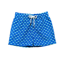 Load image into Gallery viewer, Introducing Bait Fish Blue Swim Shorts for boys toddler to tween! These shorts from Salt Water Boys feature a bright blue background and green fish design, perfect for your little one&#39;s day at the beach. The classic and coastal design is sure to make a splash!
