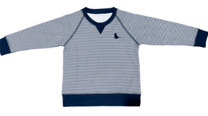 The Boys Basics Sam Sweatshirt in Navy Stripe by James &amp; Lottie offers timeless style and all-day comfort. Crafted from lightweight cotton, its classic navy and white stripes provide a versatile look that works perfectly for playdates or casual outings. Designed to keep boys cozy without overheating, it’s a reliable wardrobe staple that both moms and sons will love.