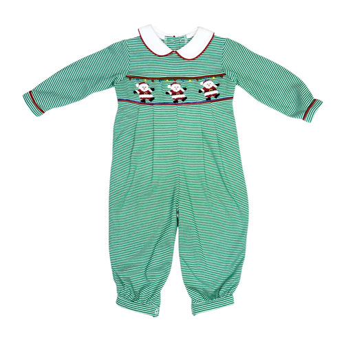 This charming Infant Boys Santa Claus Brandon Bubble features a smocked front adorned with delicate hand-embroidered Santas, a stylish holiday outfit your little one will love. Sibling matching options make family photos even more memorable. Celebrate the season with comfort and timeless style in this playful Santa Claus bubble.