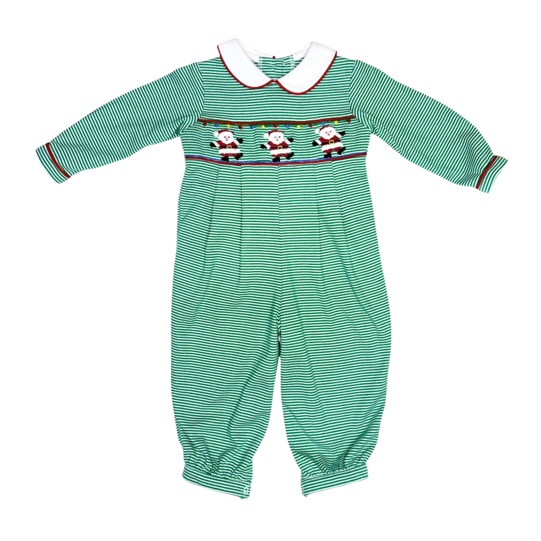 This charming Infant Boys Santa Claus Brandon Bubble features a smocked front adorned with delicate hand-embroidered Santas, a stylish holiday outfit your little one will love. Sibling matching options make family photos even more memorable. Celebrate the season with comfort and timeless style in this playful Santa Claus bubble.