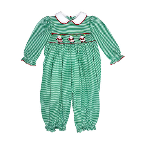 This charming Girls Marion Santa Claus Smocked Stripe Bubble combines festive spirit with timeless style. Crafted from soft knit fabric in green and white stripes, it features a delicate Peter Pan collar and exquisite hand-embroidered dancing Santa's across the smocked bodice, making it an ideal choice for joyful holiday celebrations and memorable photos. Comfortable and adorable, this dress will make your little one shine throughout the season.