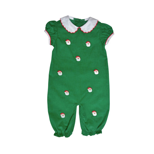 Celebrate the season in style with the Girls Santa Face Kendall Christmas Corduroy Long Bubble from Zuccini Kids. Featuring a charming Peter Pan collar and detailed Santa embroidery, this elegant corduroy bubble outfit adds festive cheer while ensuring comfort. Perfect for holiday gatherings, it combines classic design with cozy warmth, making your little girl’s Christmas outfit both adorable and timeless.