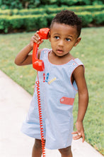 Load image into Gallery viewer, The Boys School Days Jon Jon from The Proper Peony combines classic blue and white stripes with charming embroidered crayons, making it an ideal outfit for memorable back-to-school preschool photos. Its playful design ensures your little one stands out with style and comfort on their special day.
