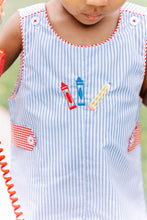 Load image into Gallery viewer, The Boys School Days Jon Jon from The Proper Peony combines classic blue and white stripes with charming embroidered crayons, making it an ideal outfit for memorable back-to-school preschool photos. Its playful design ensures your little one stands out with style and comfort on their special day.
