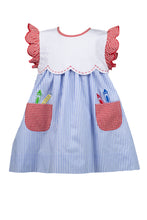 Load image into Gallery viewer, The Girls School Days Dress by The Proper Peony combines classic blue and white stripes with charming stitched crayon accents for a playful yet polished look. Featuring a crisp white collar and delicate ruffle sleeves, this dress is ideal for capturing those memorable back-to-school moments in style. Comfortable and cute, it’s a perfect choice to make your little girl shine on picture day and beyond.
