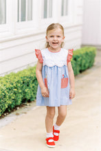 Load image into Gallery viewer, The Girls School Days Dress by The Proper Peony combines classic blue and white stripes with charming stitched crayon accents for a playful yet polished look. Featuring a crisp white collar and delicate ruffle sleeves, this dress is ideal for capturing those memorable back-to-school moments in style. Comfortable and cute, it’s a perfect choice to make your little girl shine on picture day and beyond.
