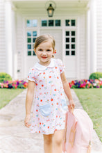 Load image into Gallery viewer, The Girls School Days Knit Dress by The Proper Peony combines comfort and charm with its soft knit fabric adorned with playful back-to-school prints. Featuring a classic white Peter Pan collar and adorable blue pockets, this dress is perfect for celebrating the new school year in style. Its cozy material ensures all-day comfort, making it an ideal choice for your little girl&#39;s busy days. Elevate her wardrobe with a dress that’s both practical and irresistibly cute.
