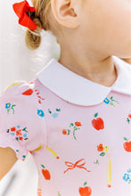 Load image into Gallery viewer, The Girls School Days Knit Dress by The Proper Peony combines comfort and charm with its soft knit fabric adorned with playful back-to-school prints. Featuring a classic white Peter Pan collar and adorable blue pockets, this dress is perfect for celebrating the new school year in style. Its cozy material ensures all-day comfort, making it an ideal choice for your little girl&#39;s busy days. Elevate her wardrobe with a dress that’s both practical and irresistibly cute.
