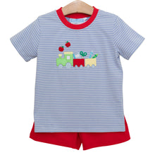 Load image into Gallery viewer, Transform your little boy&#39;s back-to-school excitement with this irresistible Trotter Street set! The blue and white striped tee showcases an adorable train applique hauling school supplies, perfectly paired with bright red shorts for a look that&#39;s both playful and stylish. Designed specifically for toddlers who love locomotives, this outfit will have your little conductor beaming with confidence as he chugs into the new school year. An absolute must-have for any train-loving tot!
