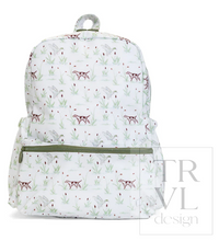 Load image into Gallery viewer, The Hunt Backpacker from TRVL Design features an adorable hunting dog and mallard print that captures a classic outdoor spirit—perfect for young explorers. Crafted from easily wipeable materials, this backpack withstands the wear and tear of daily use. Spills, mud, and playground mishaps won't leave a lasting mark. Durable construction ensures it lasts all year through school, daycare, and weekend outings. An ideal companion for your little adventurer. Pair with the matching lunch box for a coordinated look
