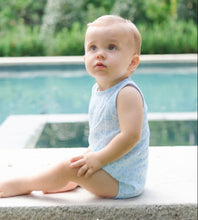 Load image into Gallery viewer, Bring your little one&#39;s beach style to life with the Sandcastles Blue Reid Bubble from Lila &amp; Hayes. In a stunning ocean blue hue and adorned with a bright sandcastle design, this adorable outfit is perfect for any seaside adventure. Make memories in style with this must-have for infants.
