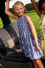 Load image into Gallery viewer, Get your little girl ready for any occasion with the Girls Sleeveless Waverly Dress from Pink Chicken! The elegant blue background and sparkling pinstripe are complemented by delicate pink flowers, making this dress a perfect choice for any event. Its classic sheath top and A-line skirt silhouette will ensure she looks stylish and comfortable.
