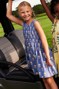 Get your little girl ready for any occasion with the Girls Sleeveless Waverly Dress from Pink Chicken! The elegant blue background and sparkling pinstripe are complemented by delicate pink flowers, making this dress a perfect choice for any event. Its classic sheath top and A-line skirt silhouette will ensure she looks stylish and comfortable.