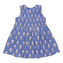 Load image into Gallery viewer, Get your little girl ready for any occasion with the Girls Sleeveless Waverly Dress from Pink Chicken! The elegant blue background and sparkling pinstripe are complemented by delicate pink flowers, making this dress a perfect choice for any event. Its classic sheath top and A-line skirt silhouette will ensure she looks stylish and comfortable.
