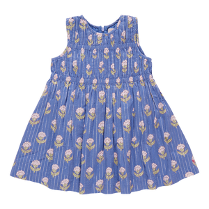Get your little girl ready for any occasion with the Girls Sleeveless Waverly Dress from Pink Chicken! The elegant blue background and sparkling pinstripe are complemented by delicate pink flowers, making this dress a perfect choice for any event. Its classic sheath top and A-line skirt silhouette will ensure she looks stylish and comfortable.