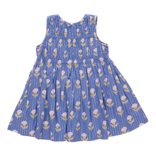 Load image into Gallery viewer, Get your little girl ready for any occasion with the Girls Sleeveless Waverly Dress from Pink Chicken! The elegant blue background and sparkling pinstripe are complemented by delicate pink flowers, making this dress a perfect choice for any event. Its classic sheath top and A-line skirt silhouette will ensure she looks stylish and comfortable.
