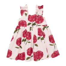 Load image into Gallery viewer, Power Flower! Our favorite fuschia flower pops against a subtle petal pink and white striped ground in our quintessentially summer Pink Stripe Hydrangeas print. The realistically depicted blooms bring our charming Girls Via Dress to life. A subtle v-neck and feminine ruched sleeves define this sweet silhouette with an invisible zipper closure at back.
