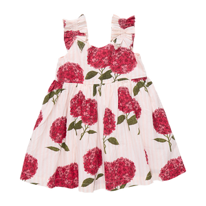 Power Flower! Our favorite fuschia flower pops against a subtle petal pink and white striped ground in our quintessentially summer Pink Stripe Hydrangeas print. The realistically depicted blooms bring our charming Girls Via Dress to life. A subtle v-neck and feminine ruched sleeves define this sweet silhouette with an invisible zipper closure at back.