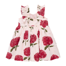 Load image into Gallery viewer, Power Flower! Our favorite fuschia flower pops against a subtle petal pink and white striped ground in our quintessentially summer Pink Stripe Hydrangeas print. The realistically depicted blooms bring our charming Girls Via Dress to life. A subtle v-neck and feminine ruched sleeves define this sweet silhouette with an invisible zipper closure at back.
