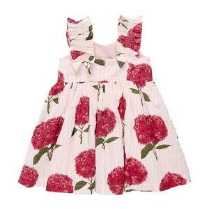 Power Flower! Our favorite fuschia flower pops against a subtle petal pink and white striped ground in our quintessentially summer Pink Stripe Hydrangeas print. The realistically depicted blooms bring our charming Girls Via Dress to life. A subtle v-neck and feminine ruched sleeves define this sweet silhouette with an invisible zipper closure at back.