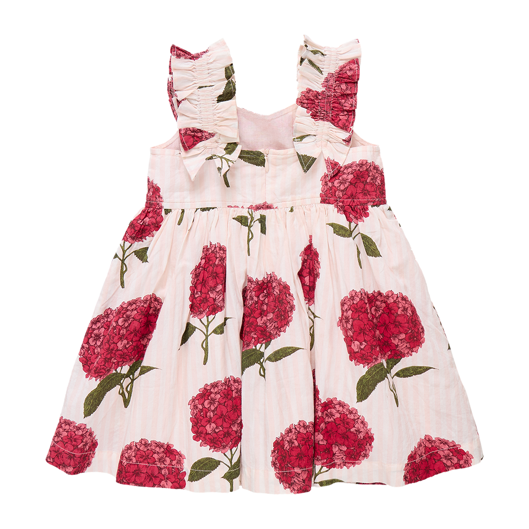 Power Flower! Our favorite fuschia flower pops against a subtle petal pink and white striped ground in our quintessentially summer Pink Stripe Hydrangeas print. The realistically depicted blooms bring our charming Girls Via Dress to life. A subtle v-neck and feminine ruched sleeves define this sweet silhouette with an invisible zipper closure at back.