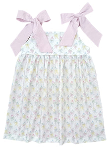 Indulge in the beauty of nature with Thea Flower Bouquet Dress from James &amp; Lottie! Adorned with floral bouquets and cute bows, this dress exudes a sense of elegance. The pink and white seersucker ties on the shoulders add a charming touch. Perfect for any occasion, this dress will make you feel like a blooming flower!
