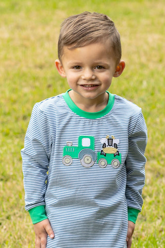 This Boys Striped Tractor Shirt from Trotter Street Kids combines playful style with comfortable wear. Featuring classic stripes and an eye-catching tractor applique, it brings fun to everyday outfits. Perfect for active boys who love farmyard adventures.