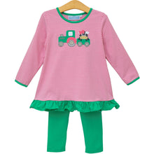 Load image into Gallery viewer, This Girls Tractor Ruffle Legging Set from Trotter Street Kids combines playful style with comfortable wear. Featuring classic stripes and an eye-catching tractor applique with coordinating leggings, it brings fun to everyday outfits. Perfect for girls who love farmyard adventures.
